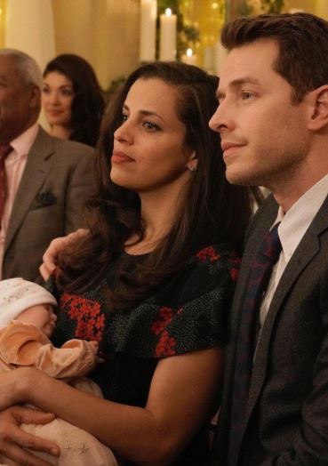 Athena Karkanis with her onscreen partner and fake baby 